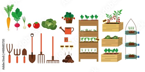Kit to make different urban gardens, vector illustration, carrot, radish, garlic, tomato, strawberries, cauliflower, seeds, compost