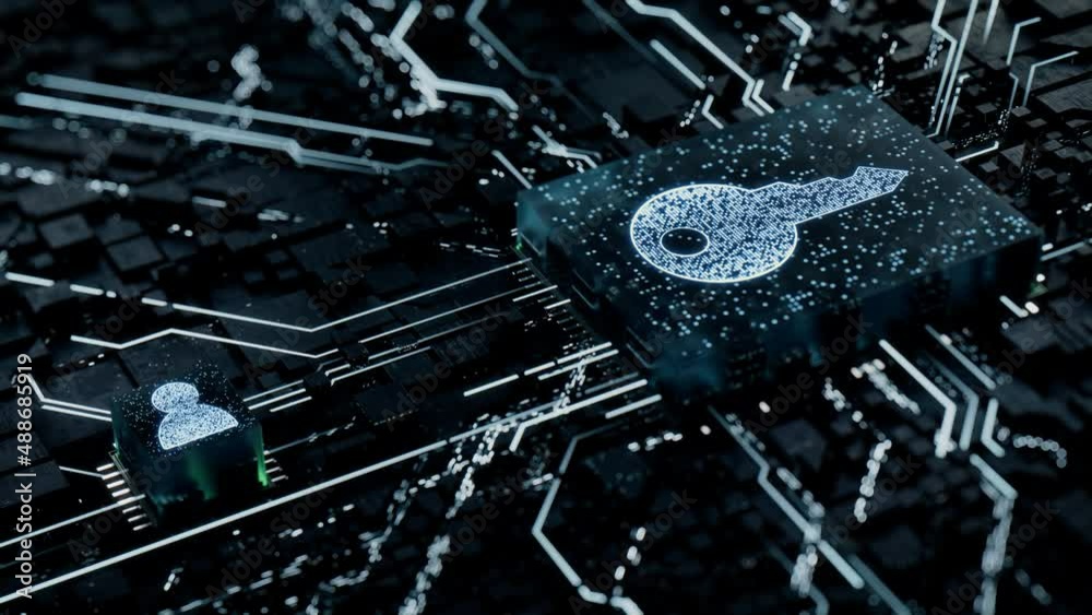 Security Technology Concept with key symbol on a Microchip. White Neon Data flows between the CPU and the User across a Futuristic Motherboard. Seamless Loop.