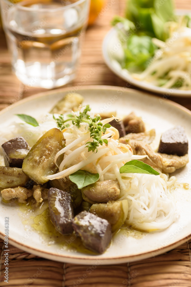 Thai food rice noodle green curry soup with coconut milk and chicken Thai food rice noodle green curry soup with coconut milk and chicken