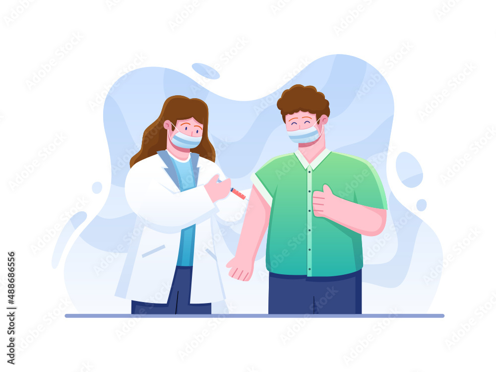 Illustration Doctor Injecting Covid-19 Virus Vaccine in the arm muscle. Let's Vaccinate healthcare campaign. Vaccinate to Prevent Virus. Can be used for Banner, Poster, Flyer, Animation, Web, Etc.