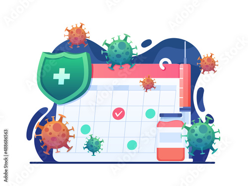 Time to vaccinate to protect and prevent virus spread. Immunization Vaccine campaign. Syringe with a vaccine bottle calendar virus and shield.can use for banner, web, poster, animation, etc. 