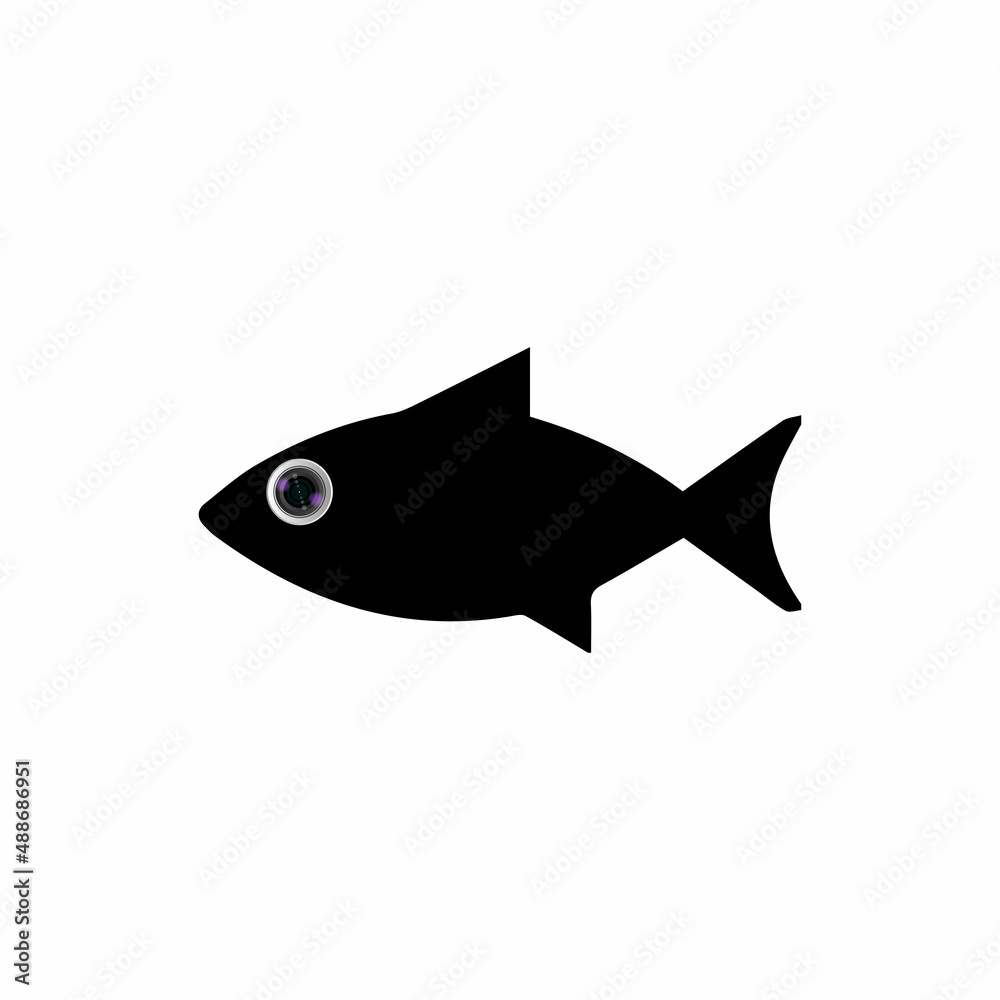 Fototapeta premium Vector Black Fish with Camera Lens Eye. white background isolated