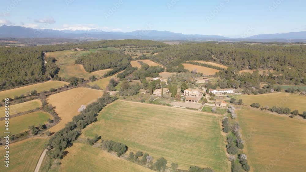 Aerial view of nature sown field without people Snowy Pyrenees mountain in the background Aerial view of nature sown field without people Snowy Pyrenees mountain in the background