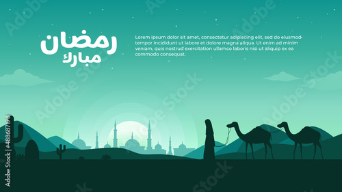 Landscape illustration of Ramadan Mubarak with calligraphy, silhouette of mosque and traveler carrying camel in desert