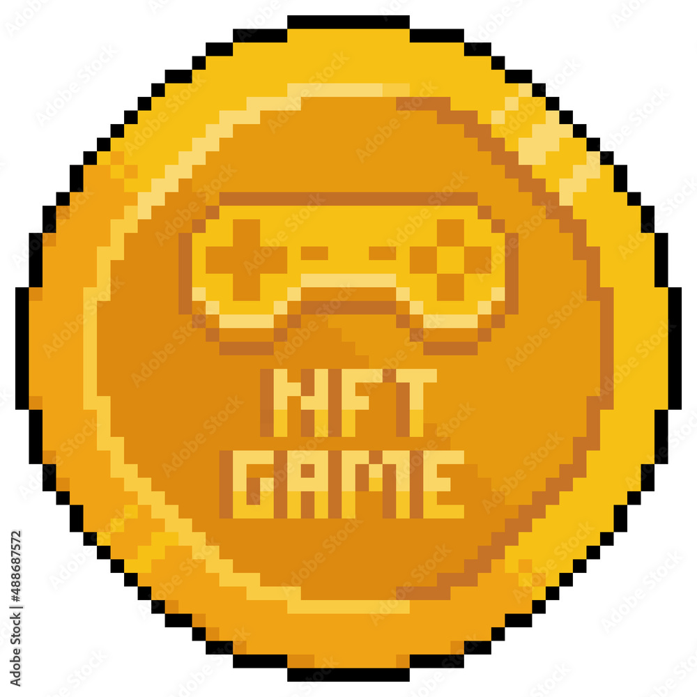 Fototapeta premium Pixel art NFT game currency coin vector icon for 8bit game on white background 
