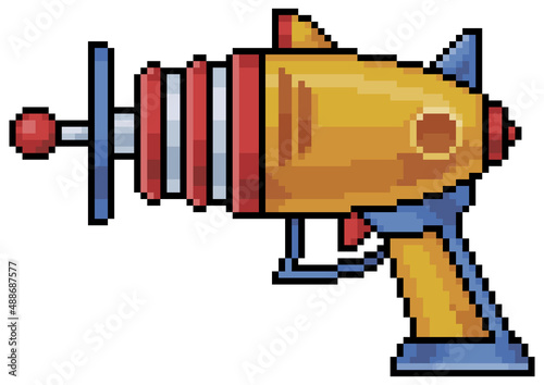 Pixel art futuristic pistol gun vector icon for 8bit game on white background
