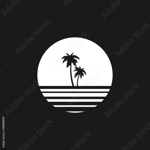 Retrowave sun, sunset or sunrise 1980s style with palm tree silhouettes. Black and white sun with stripes and palm tree silhouettes. Design element for synthwave style projects.Vector