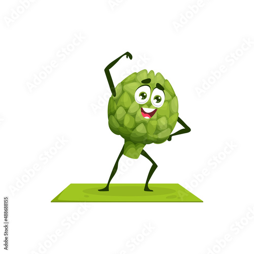 Cartoon character artichoke fresh vegetable pimpled cone doing sport trainings isolated summer healthy veggie mascot. Vector emoticon on fitness pilates yoga mat, vegetarian food, funny emoji on mat photo