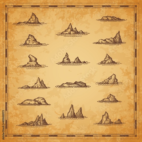 Rocks, outliers, reefs and shallows sketch, ancient map elements, vector. Ocean island stones and sea landscape rocks with coast shore cliffs and mountains in water waves, sketch engravings