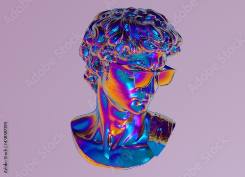 3D illustration of a holographic sculpture of a bust in glasses. Pop art vaporwave style image.