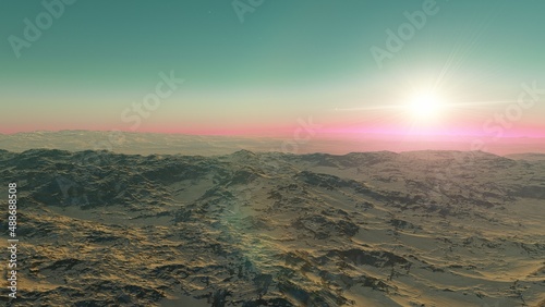 science fiction wallpaper  cosmic landscape  realistic exoplanet  abstract cosmic texture  beautiful alien planet in far space  detailed planet surface  3d render  