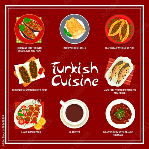 Turkish cuisine menu of vector meat shish kebab, vegetable food and fish dishes. Flatbread pide, lamb pizza lahmacun, stuffed eggplant and mackerel, cheese rolls sigara borek and black tea