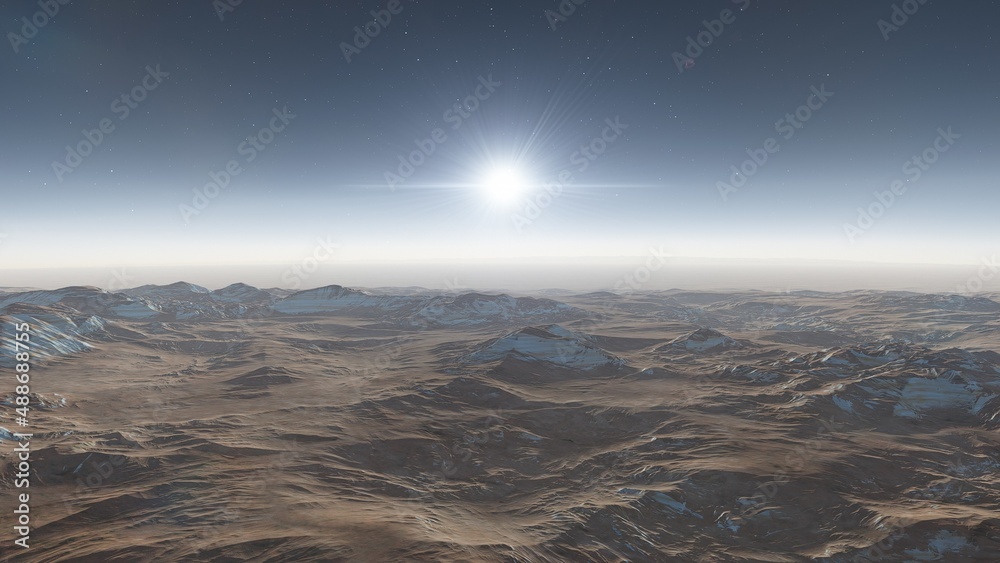 alien planet landscape sci fi spatial background, view from planet surface with spectacular sky, realistic digital illustration	
