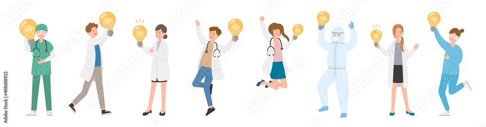 Paramedic man or woman doctor or laboratory staff composition, medical specialist with light bulb, doctor team concept, medical office or laboratory, cartoon vector