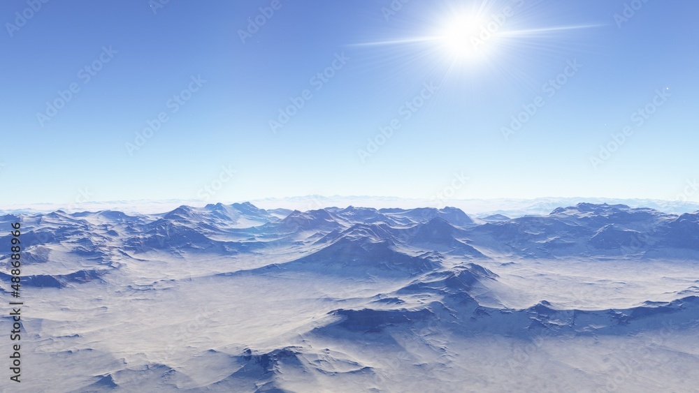 Obraz premium alien planet landscape sci fi spatial background, view from planet surface with spectacular sky, realistic digital illustration 