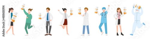 Paramedic man or woman doctor or laboratory staff composition, medical specialist with antibiotic or vaccine, doctor team concept, medical office or laboratory, cartoon vector