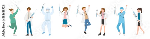 Paramedic man or woman doctor or laboratory staff composition, medical specialist with syringe or vaccine, doctor team concept, medical office or laboratory, cartoon vector