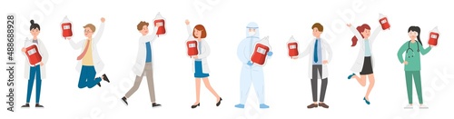 Paramedic man or woman doctor or laboratory staff composition, medical specialist with blood bag, doctor team concept, medical office or laboratory, cartoon vector