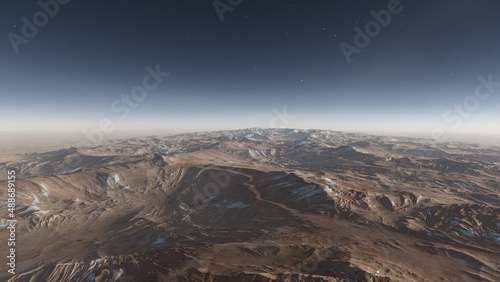 alien planet landscape sci fi spatial background  view from planet surface with spectacular sky  realistic digital illustration  