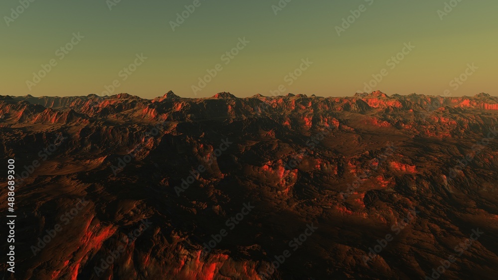 beautiful view from an exoplanet, a view from an alien planet, a computer-generated surface, a fantastic view of an unknown world, a fantasy world 3D render