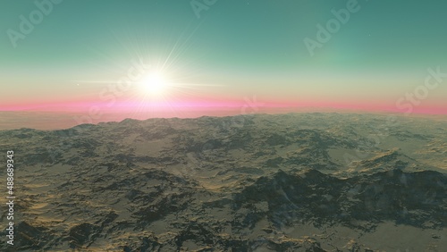 beautiful view from an exoplanet  a view from an alien planet  a computer-generated surface  a fantastic view of an unknown world  a fantasy world 3D render