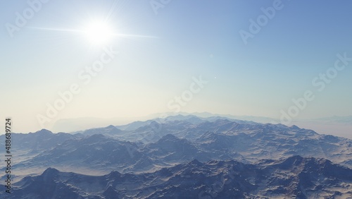 alien planet landscape sci fi spatial background, view from planet surface with spectacular sky, realistic digital illustration