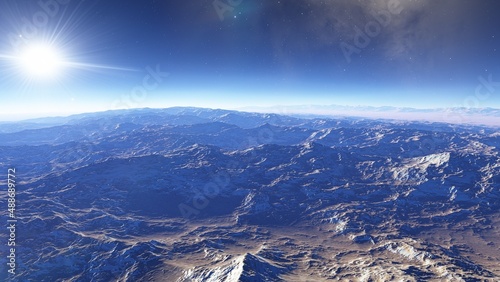 Fototapeta Naklejka Na Ścianę i Meble -  alien planet landscape sci fi spatial background, view from planet surface with spectacular sky, realistic digital illustration