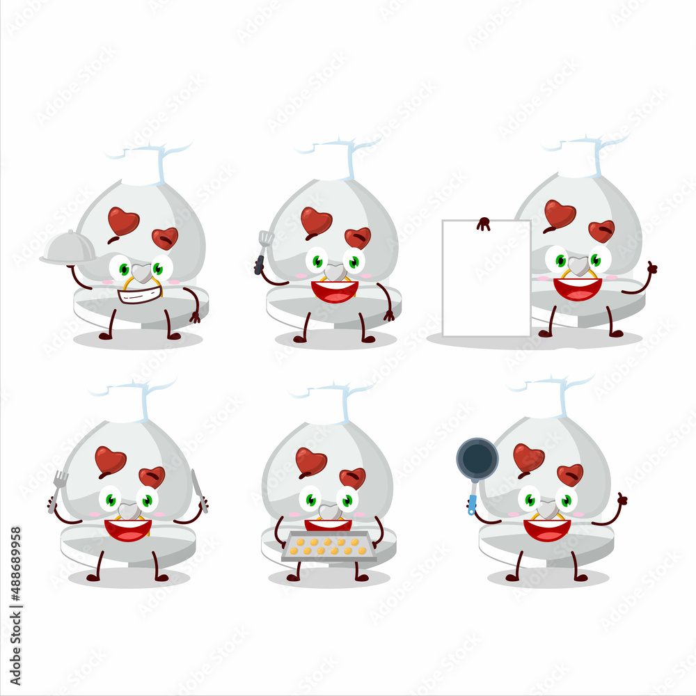 Cartoon character of white love ring box with various chef emoticons