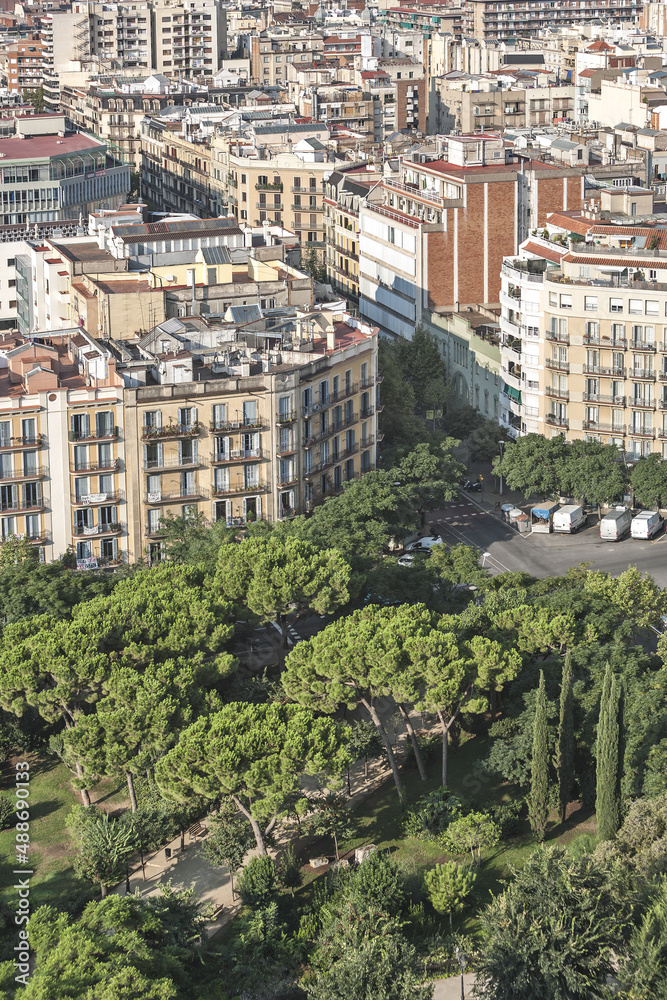 Barcelona street, park and buildings, view from the top