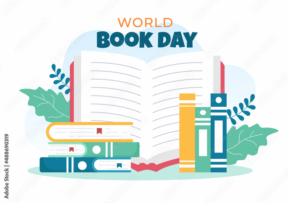 Obraz premium World Book Day Flat Cartoon Background Illustration. Stack of Books to Reading, Increase Insight and Knowledge Suitable for Wallpaper or Poster