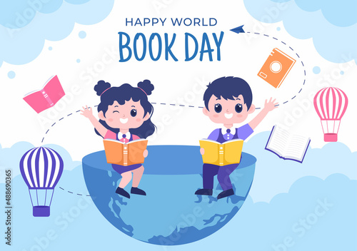 World Book Day Flat Cartoon Background Illustration with Children . Stack of Books to Reading, Increase Insight and Knowledge Suitable for Wallpaper or Poster