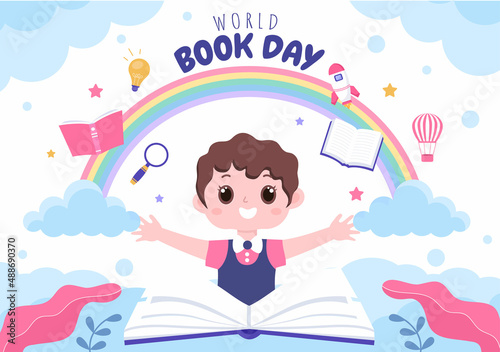 World Book Day Flat Cartoon Background Illustration with Children . Stack of Books to Reading, Increase Insight and Knowledge Suitable for Wallpaper or Poster