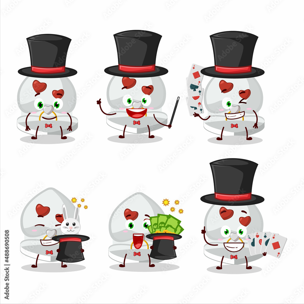 A white love ring box Magician cartoon character perform on a stage A white love ring box Magician cartoon character perform on a stage