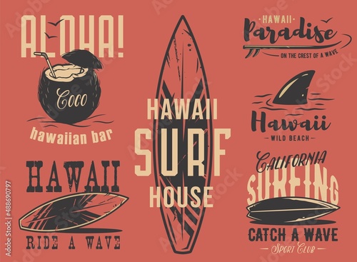 Surfboard for hawaii surf, shark surfing paradise, coconut aloha coctail emblems set