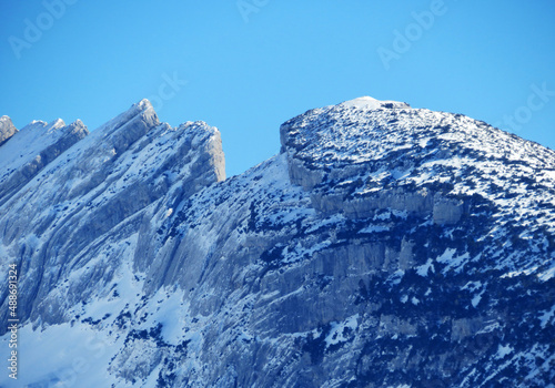 Snow-capped alpine peak Gulmen (or Gulme, 1998 m) in Alpstein mountain range and in Appenzell Alps massif, Alt St. Johann - Canton of St. Gallen, Switzerland (Schweiz)