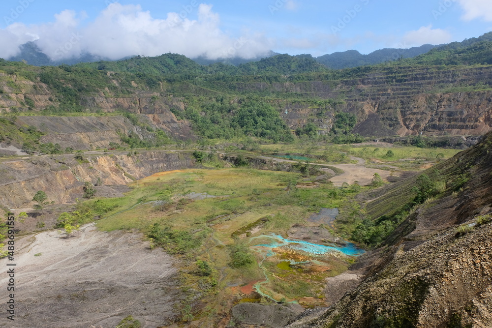 The landscape of Panguna mine copper and gold pit in the Autonomous Region of Bougainville, Papua New Guinea