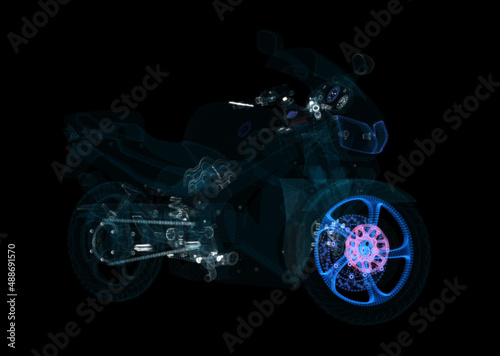 Abstract motorcycle consisting of glow points and lines. 3d illustration
