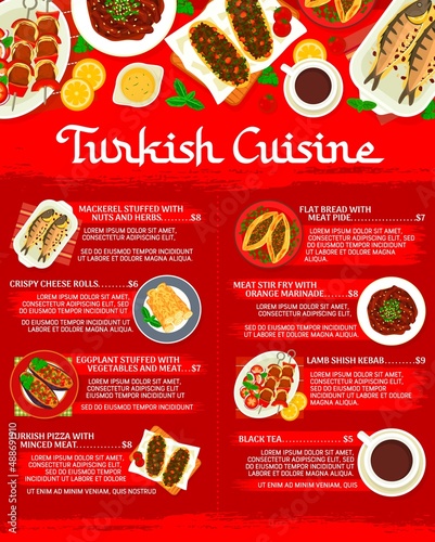 Turkish cuisine menu vector template with traditional food dishes. Meat shish kebab, bbq vegetables and lamb stir fry, stuffed fish and eggplants with meat pizza, bread pide and cheese rolls dessert