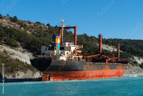 bulk carrier washed ashore by a storm in the Black sea near novorossiysk
