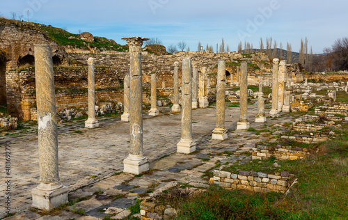 View from drone of antique theater and baths in Aphrodisias ancient city, Turkey