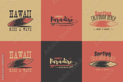 Surf surfing boards, surfboard for summer hawaiian paradise emblems collection