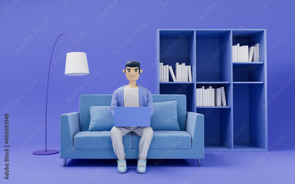 A cartoon man working in sofa, 3d rendering.