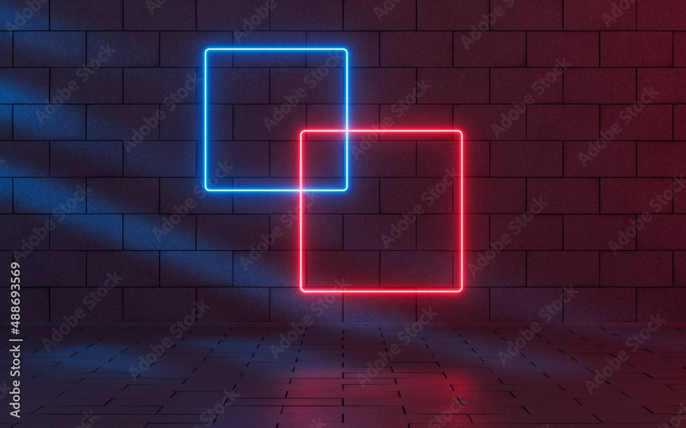 Glowing neon lines with brick background, 3d rendering. Glowing neon lines with brick background, 3d rendering.
