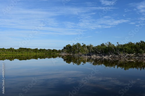 Morning clouds over Eco Pond in Everglades National Park  Florida reflected in pond s tranquil water.