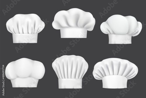 Realistic chef hats, cook cap and baker toque, vector mockups. White chef hats of different shapes, restaurant cook and culinary baker uniform or headwear, gourmet theme