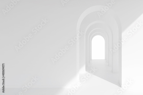 White architecture arch hallway space. Abstract arch curve corridor with soft shadow.