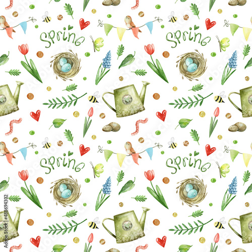 Seamless watercolor pattern with spring flowers, insects, watering can, nest and bird. Texture for scrapbooking, wrapping paper, invitations.