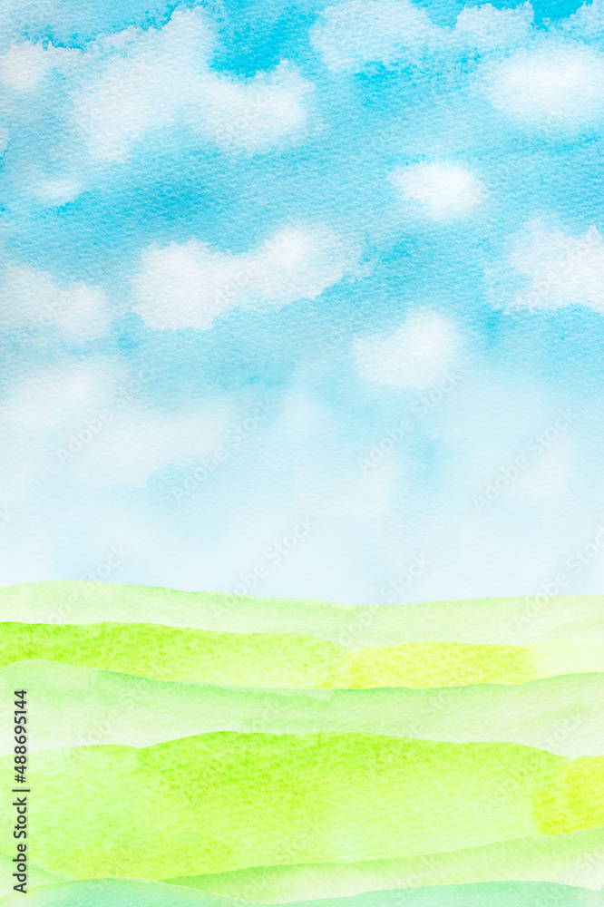 草原の風景　水彩画