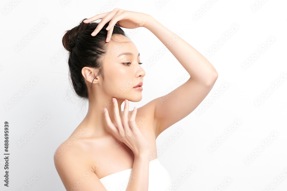 Beautiful young asian woman with clean fresh skin on white background, Face care, Facial treatment, Cosmetology, beauty and spa, Asian women portrait.