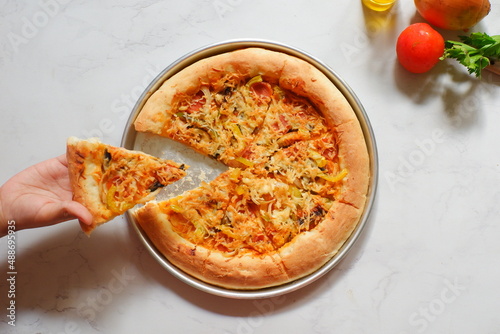 a plate of pizza in white background